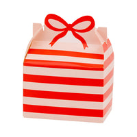 Isolated view of a single assembled red stripe Christmas cookie box showing the bow-handle design.