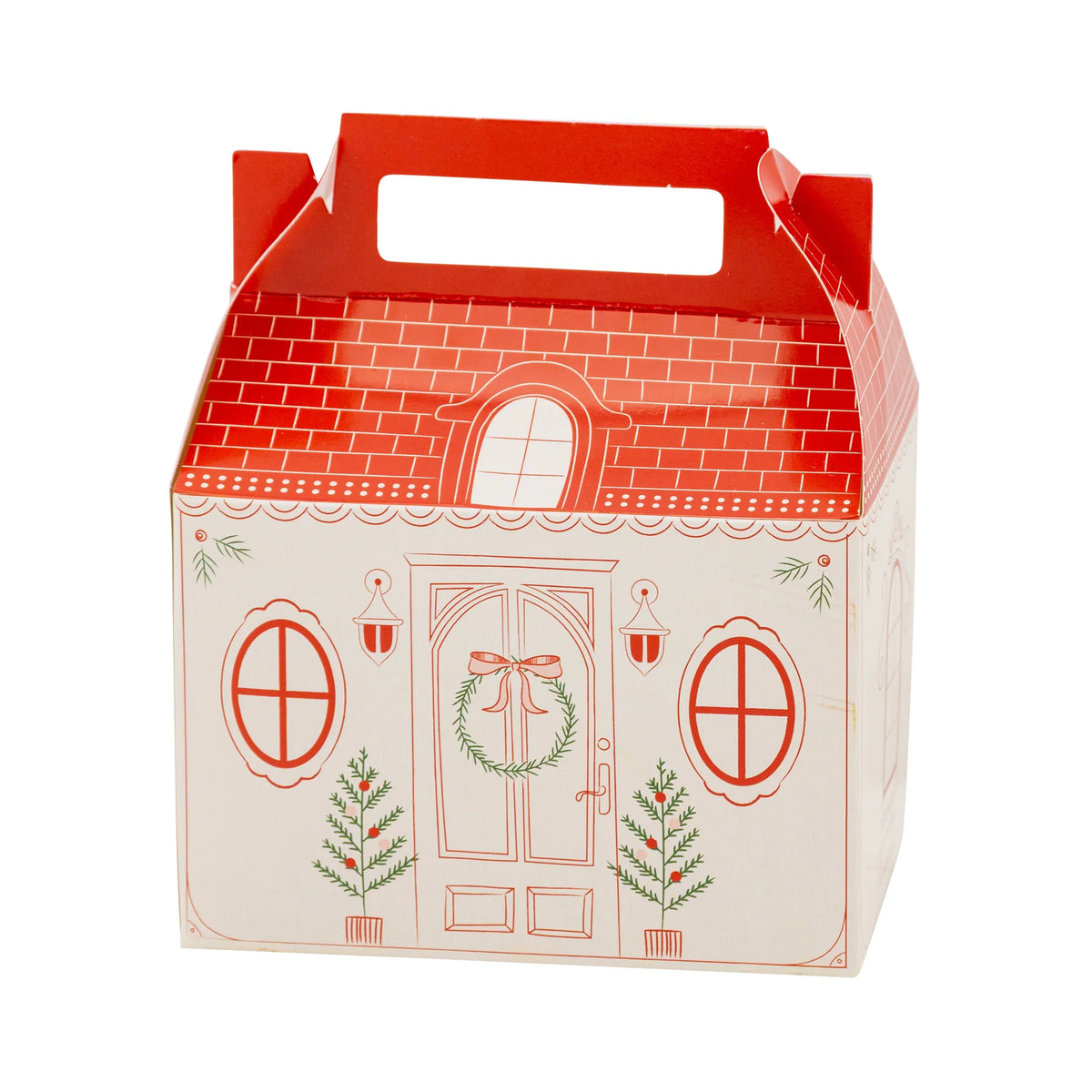 Isolated view of a single assembled Christmas cottage box showing the red tiled roof and front door illustration.