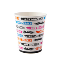 Single Hot Wheels Party Kit cup showing the repeating licensed party goods logo and car pattern.