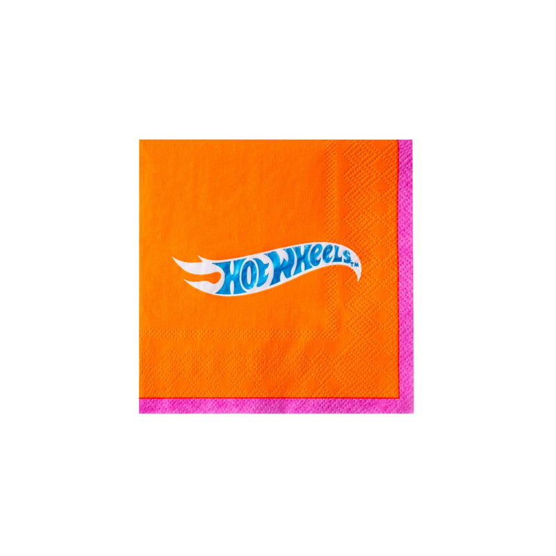 Isolated view of a single bright orange party napkin featuring the official Hot Wheels logo.