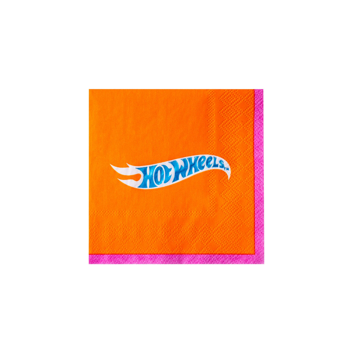 Small orange cocktail napkin from the race car party supplies set with the official Hot Wheels logo.