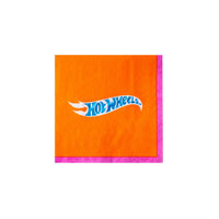 Small orange cocktail napkin from the race car party supplies set with the official Hot Wheels logo.
