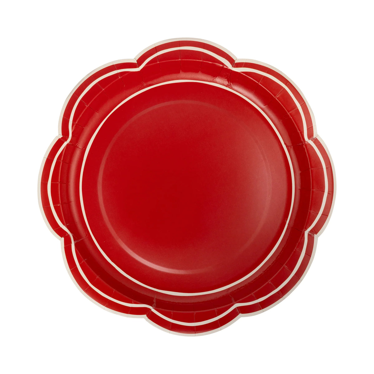 Isolated view of a single red paper plate showing the wide scalloped edge plates and white border lines.