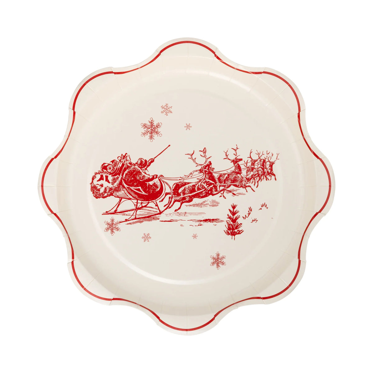 Isolated view of one paper Christmas plate featuring the Santa sleigh illustration.