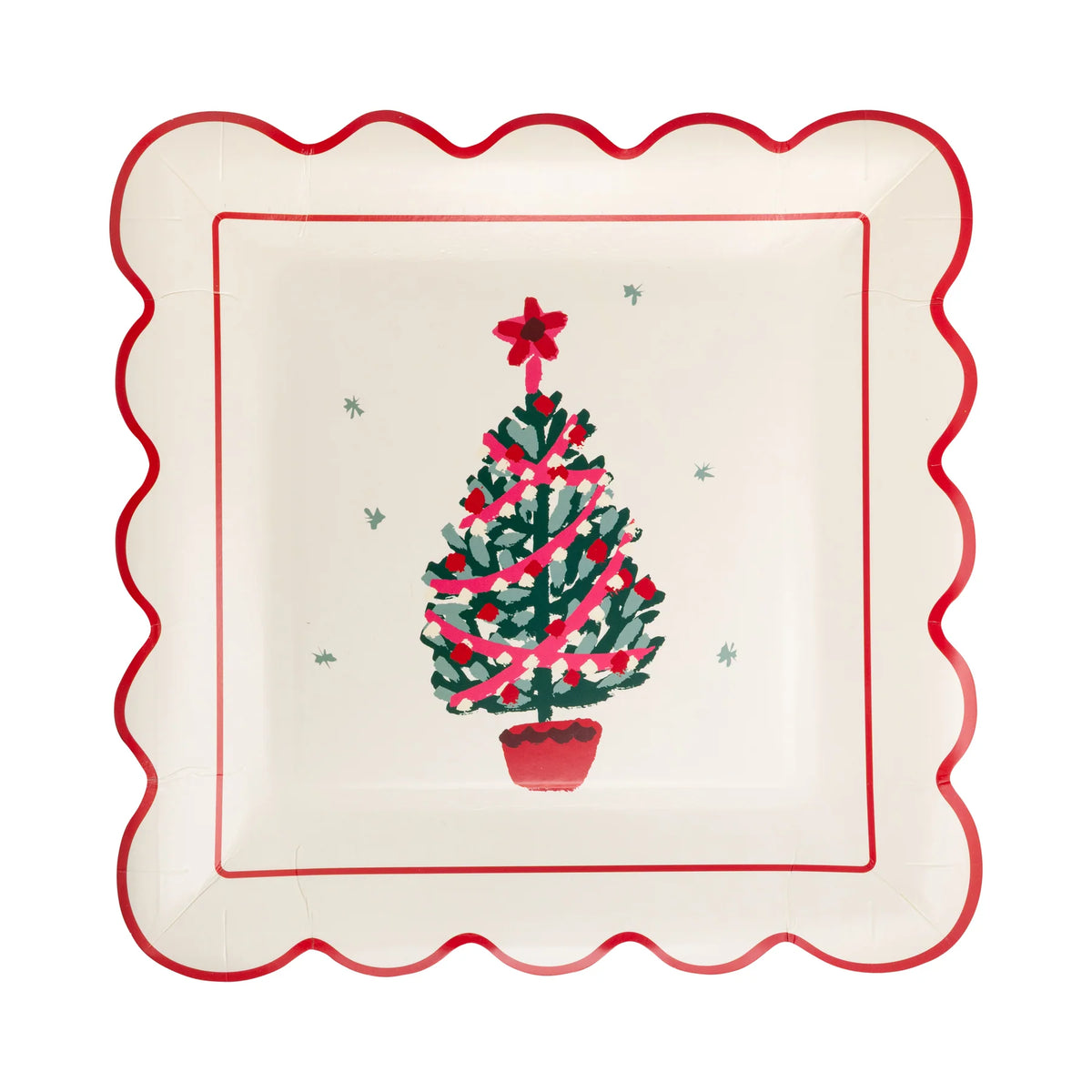 Isolated view of the Christmas tree plate showing the painted tree illustration and the red scalloped edge plates.
