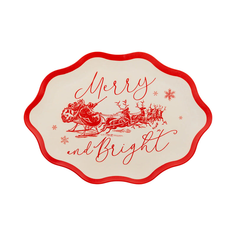 Isolated view of the red Christmas tray showing the large "Merry and Bright" text and vintage sleigh illustration.