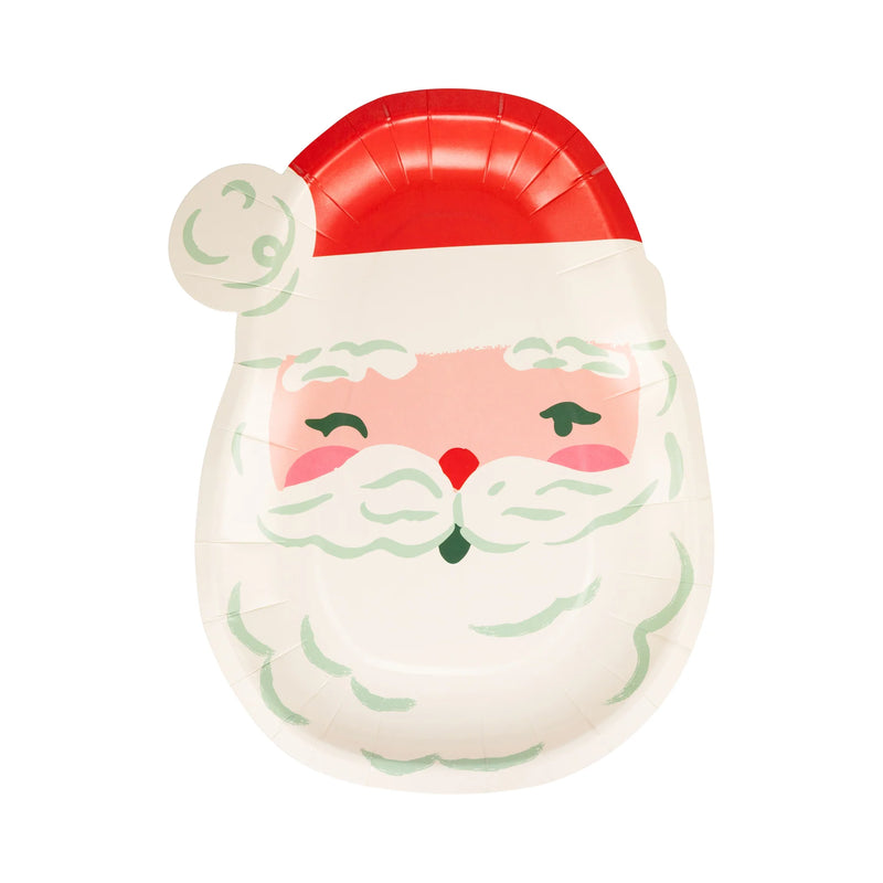Isolated view of a single winking Santa plate die-cut paper plate shape with a red hat.