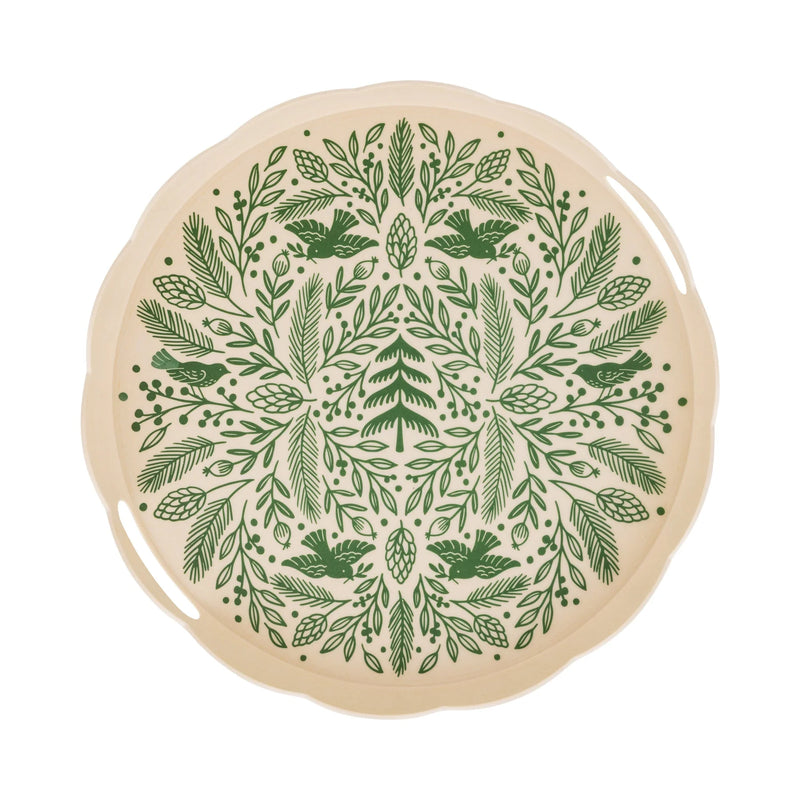 Isolated view of the round tray showing the green woodland and bird mandala illustration.
