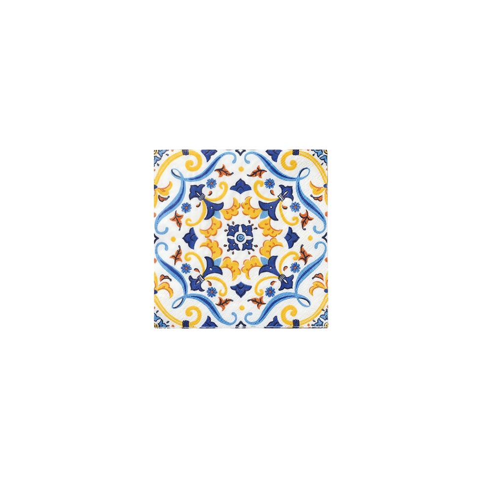 Italian tile pattern cocktail napkin with blue and yellow design