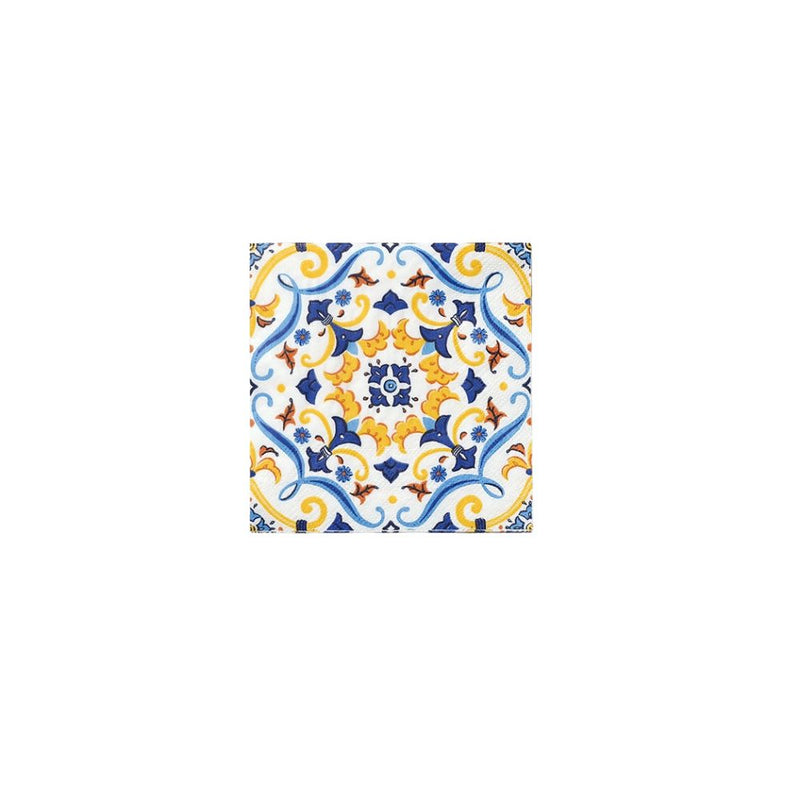 Italian tile pattern cocktail napkin with blue and yellow design