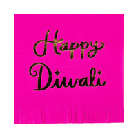 Pink fringed Diwali napkin with gold-foil ‘Happy Diwali.’