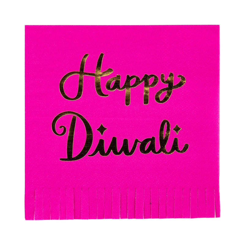 Pink fringed Diwali napkin with gold-foil ‘Happy Diwali.’
