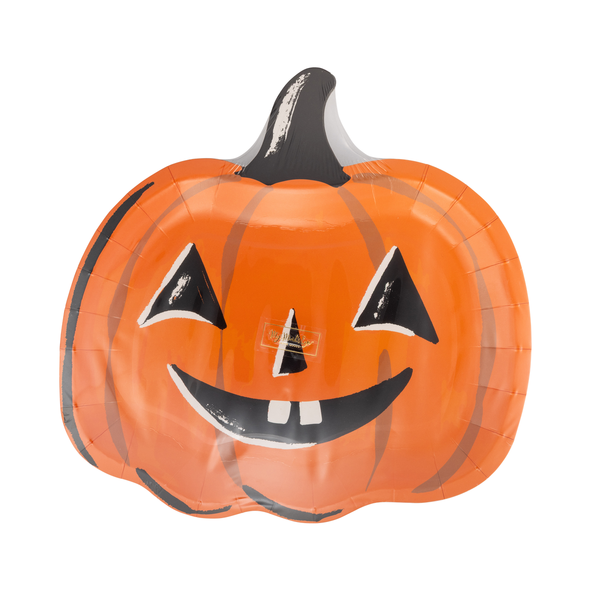 Front of the plate on a white background, full grinning orange jack-o-lantern with black stem and gap-toothed grin, glossy coated finish, small brand sticker centered. Straight-on hero product shot.