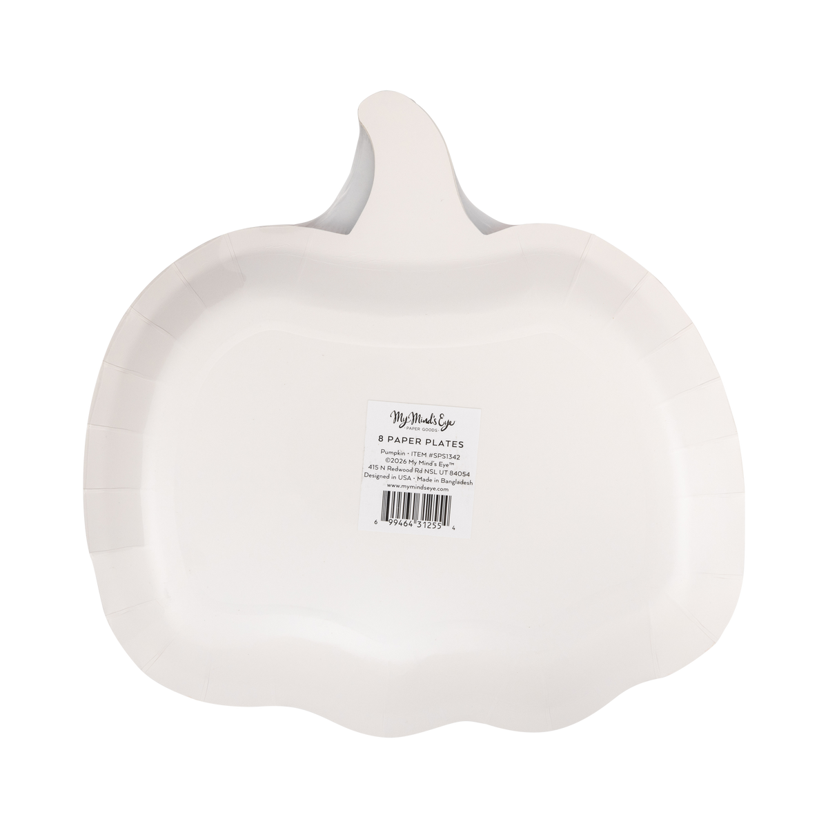 Back of the plate on a white background showing the cream/white reverse in the pumpkin silhouette with a product label noting 8 paper plates; overhead straight-on product shot.