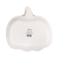 Back of the plate on a white background showing the cream/white reverse in the pumpkin silhouette with a product label noting 8 paper plates; overhead straight-on product shot.