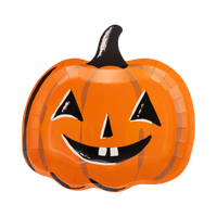 Clean product-on-white hero: complete die-cut jack-o-lantern plate, orange body with ribbed shading, black triangle features and grin, black curved stem. Straight-on, full silhouette visible.