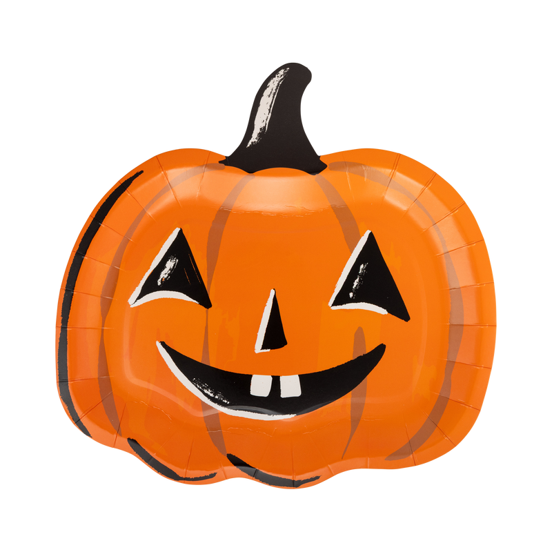 Clean product-on-white hero: complete die-cut jack-o-lantern plate, orange body with ribbed shading, black triangle features and grin, black curved stem. Straight-on, full silhouette visible.