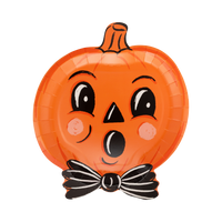 Die-cut jack-o'-lantern-shaped paper plate with a surprised face, front view.