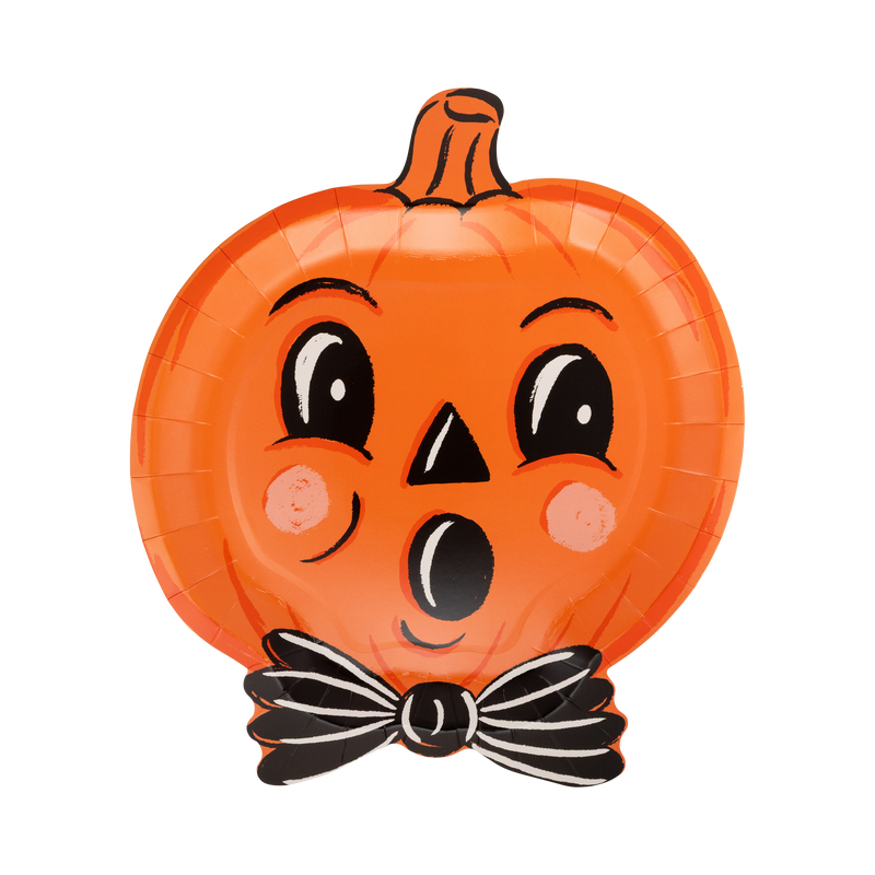 Die-cut jack-o'-lantern-shaped paper plate with a surprised face, front view.