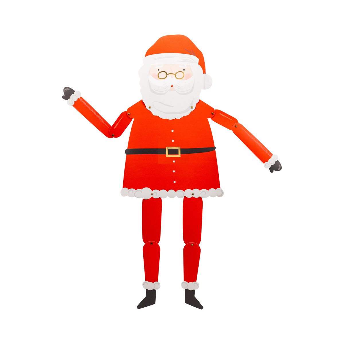 Jointed hang-up Santa cutout with movable limbs, a red suit, and gold-foil details on a white background.