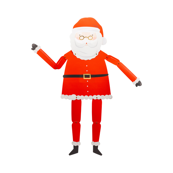 Jointed hang-up Santa cutout with movable limbs, a red suit, and gold-foil details on a white background.