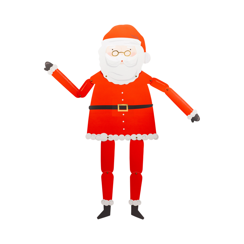 Jointed hang-up Santa cutout with movable limbs, a red suit, and gold-foil details on a white background.
