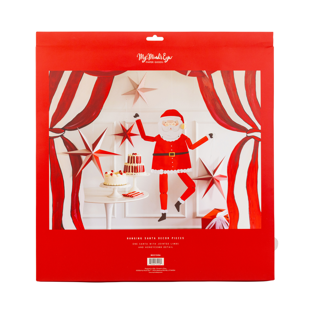 Back of the hanging Santa packaging showing the Santa styled in a party scene.