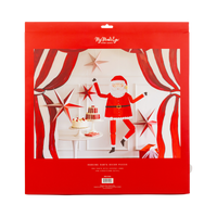 Back of the hanging Santa packaging showing the Santa styled in a party scene.