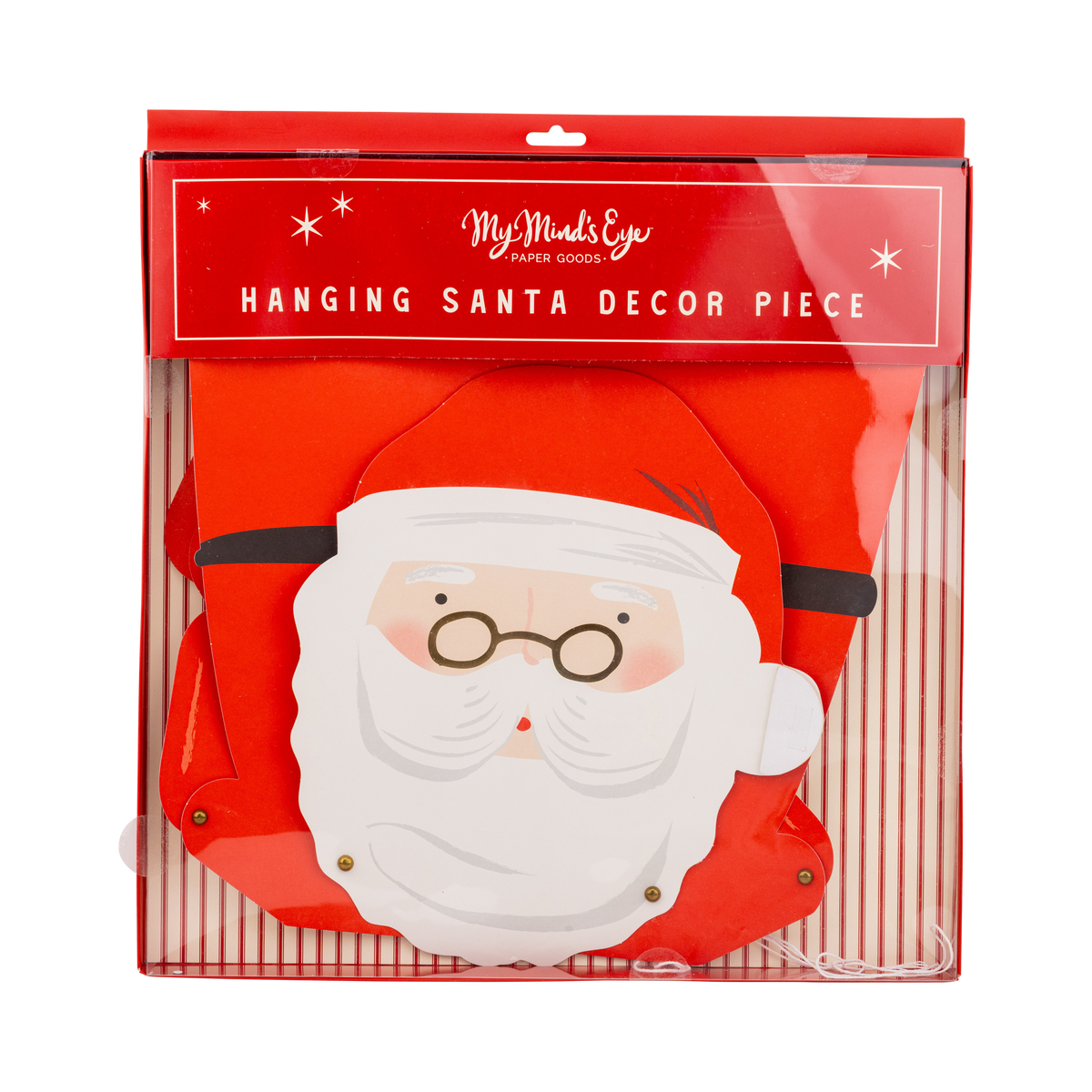 Packaging for the hanging Santa décor in red showing the Santa's face through the window.