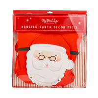 Packaging for the hanging Santa décor in red showing the Santa's face through the window.