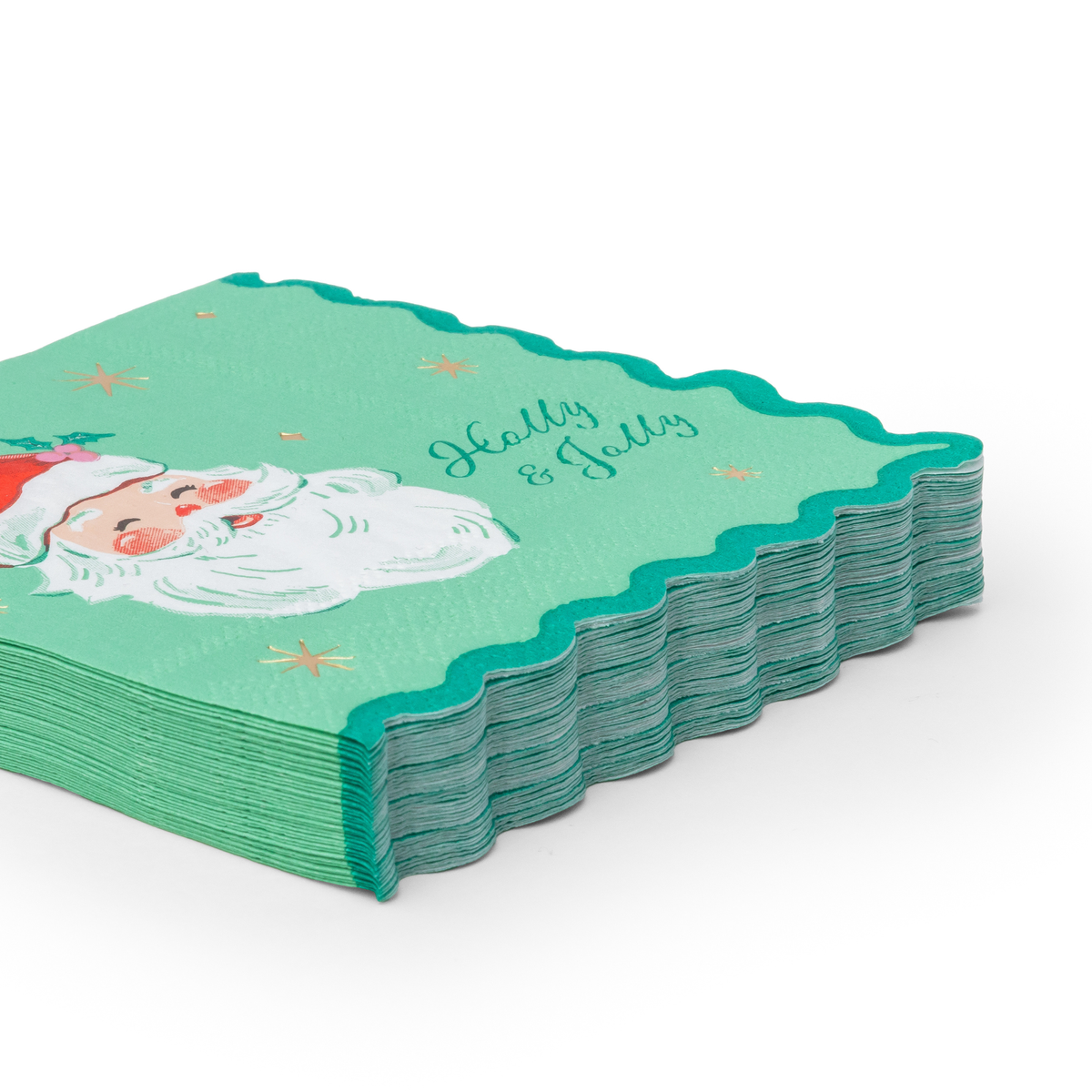 Angled stack of green Jolly Santa cocktail napkins showing the "Holly & Jolly" script and scalloped edges.