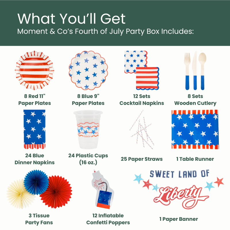 Contents of Moment & Co's Fourth of July Holiday Subscription Box