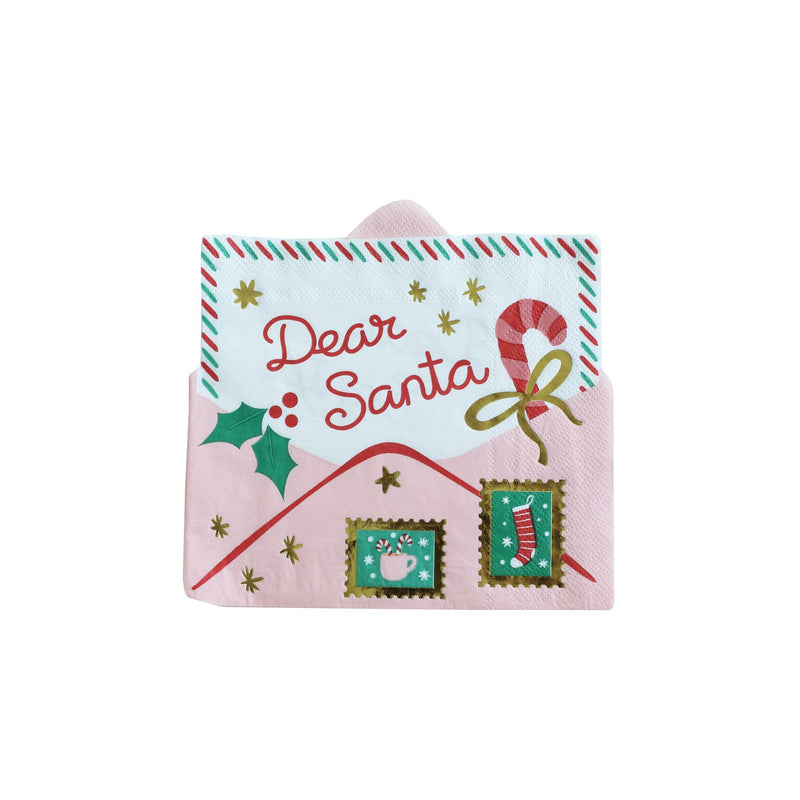 Kids Christmas napkin styled as a letter to Santa with "Dear Santa" in red script, a green stamp, and holiday accents on a light pink and mint design, front view on white background.