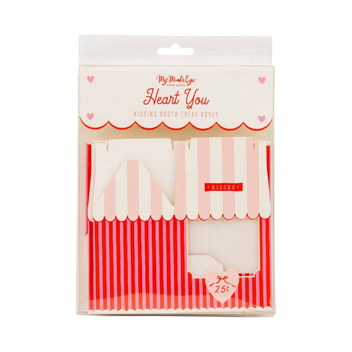 Packaged kissing booth treat boxes with striped design
