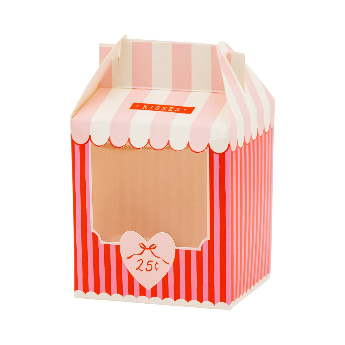 Pink and red striped kissing booth treat box with heart detail