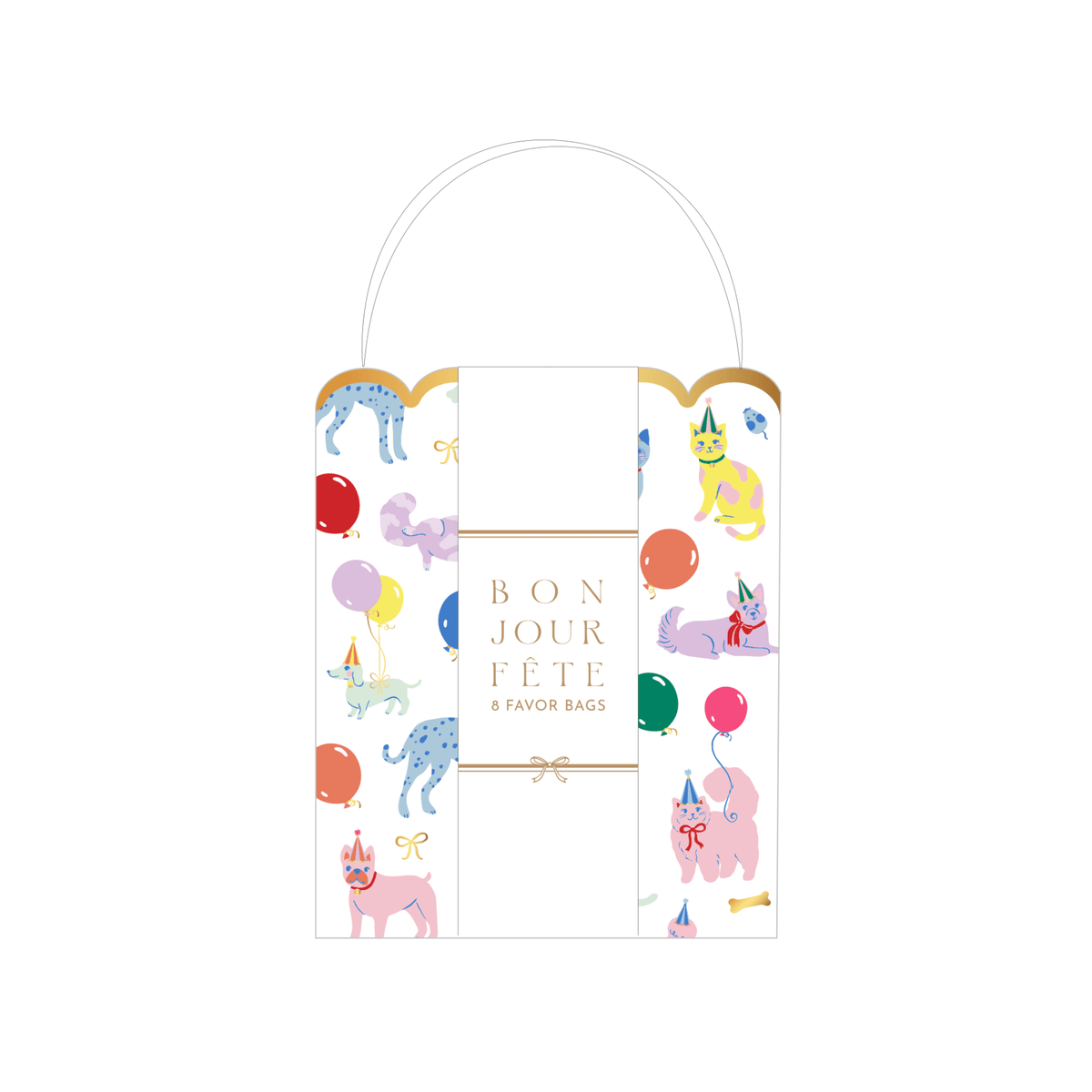 Studio shot of the pastel party animals favor bag packaged with a white belly band label.