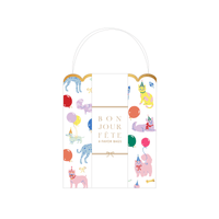 Studio shot of the pastel party animals favor bag packaged with a white belly band label.