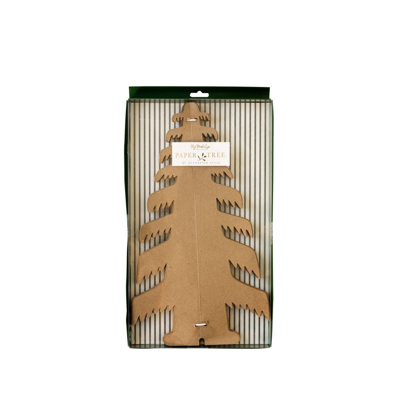 Large brown kraft paper accordion Christmas tree shown flat in packaging