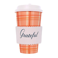Isolated product image of one plaid 16 oz cup with white lid and “Grateful” wrap.