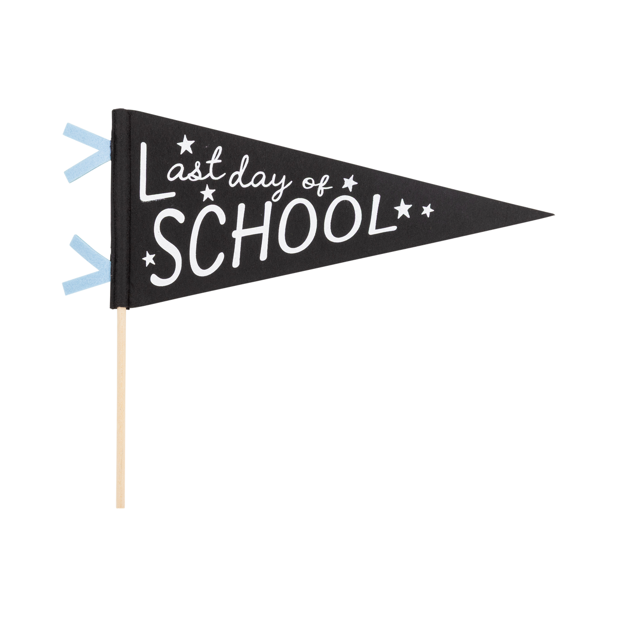 Black Last Day of School felt pennant with cream screen-printed text and stars, blue felt mini flag accents, and wooden dowel