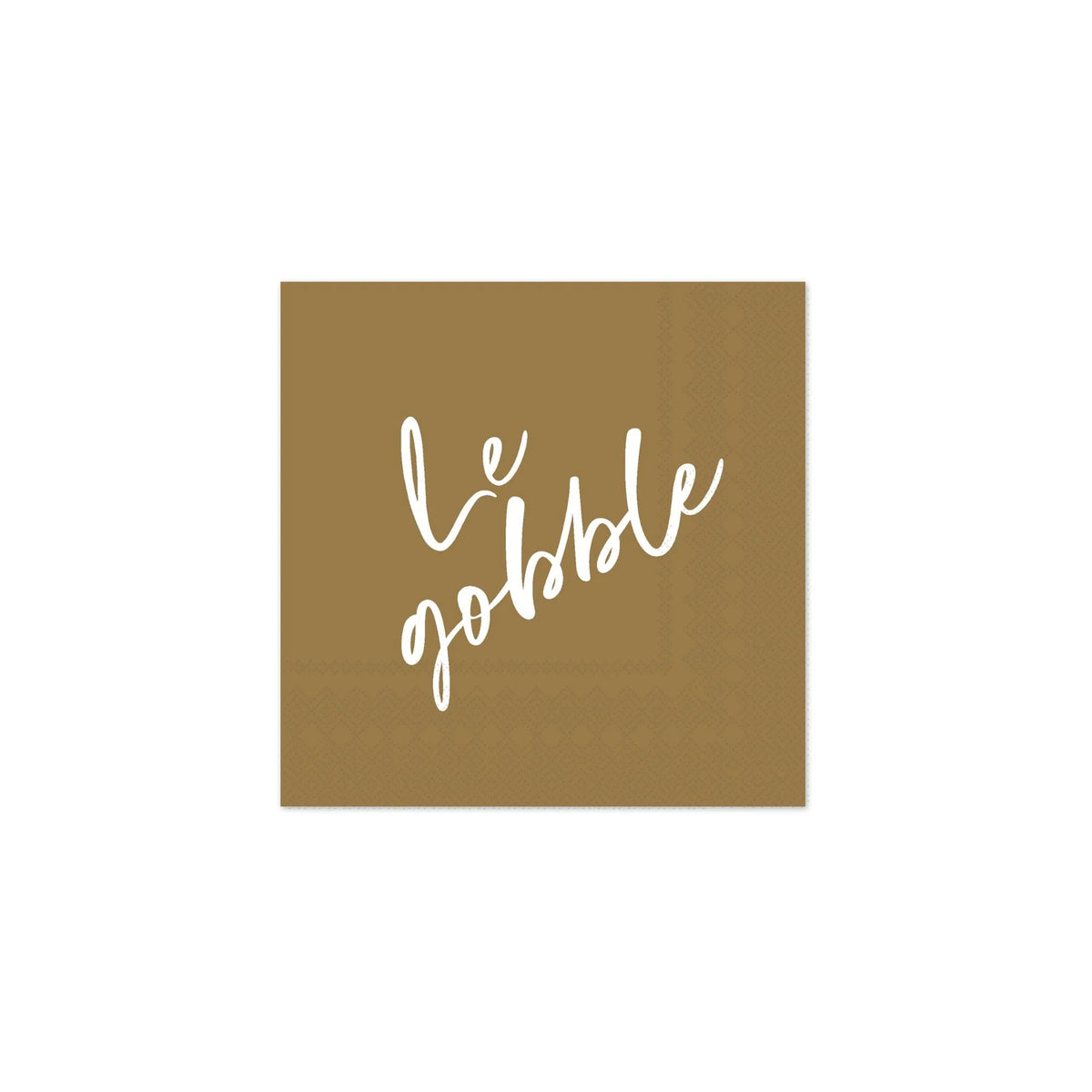 Single kraft napkin printed with white “Le gobble” script, front view.
