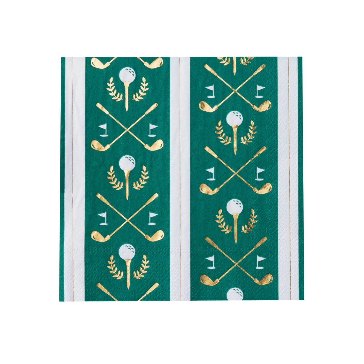 Close-up of design on golf napkins—clubs, balls, tees, and flags for classy golf party decorations.