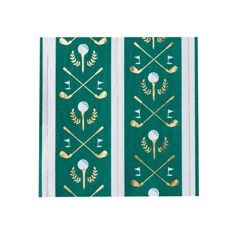 Close-up of design on golf napkins—clubs, balls, tees, and flags for classy golf party decorations.