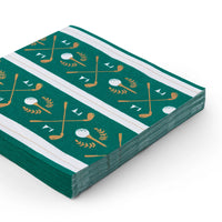Stack of emerald green golf napkins with crossed clubs and tees—sturdy 3-ply party supplies.