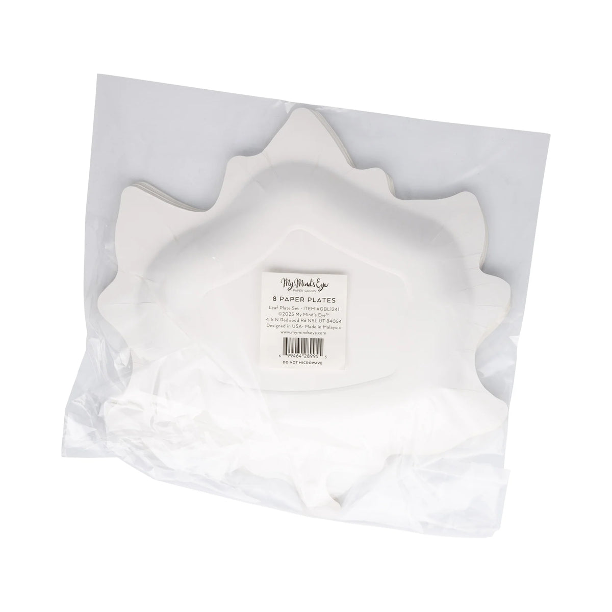 Back of package for leaf-shaped paper plates with care label; do not microwave.