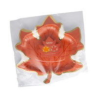 Orange leaf-shaped paper plate with gold-foil border in clear packaging, 8-pack front view.