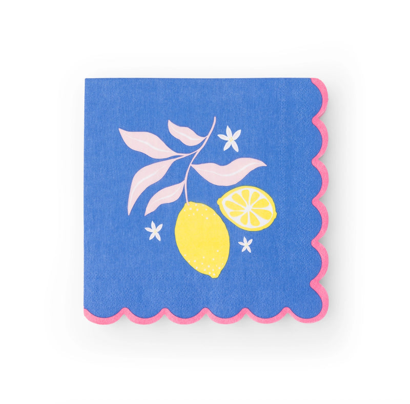 Single cobalt lunch napkin showing lemon branch graphic and pink scalloped border on white background.