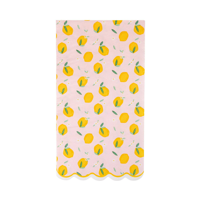 Pink paper napkin with yellow lemon pattern and scalloped edge
