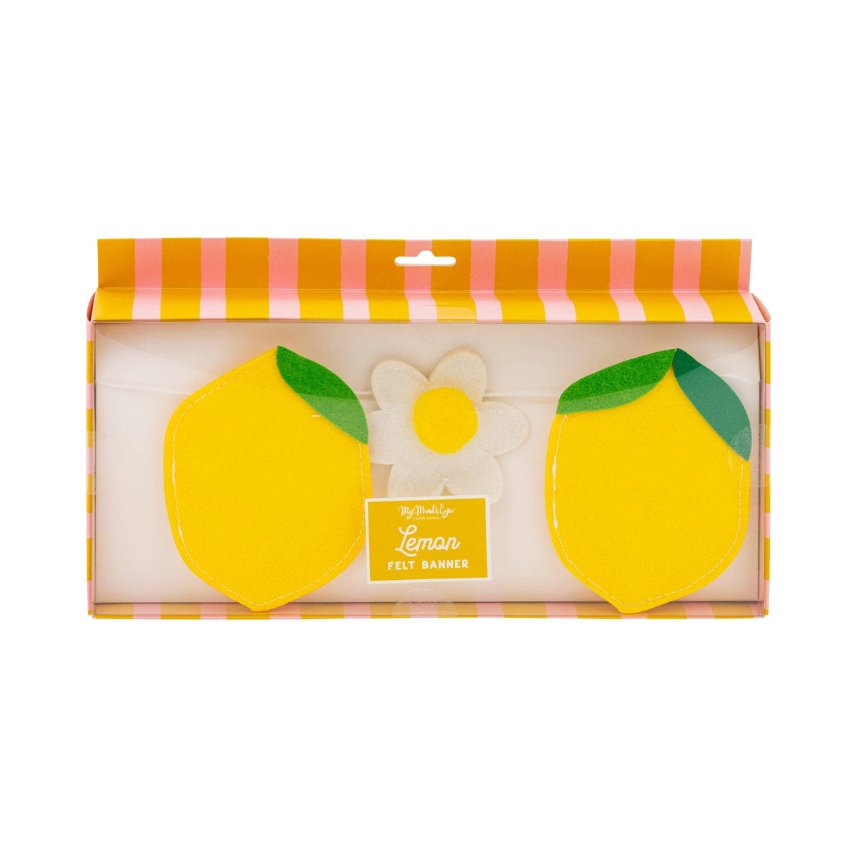 lemon felt banner packaged in box with striped yellow and pink design.