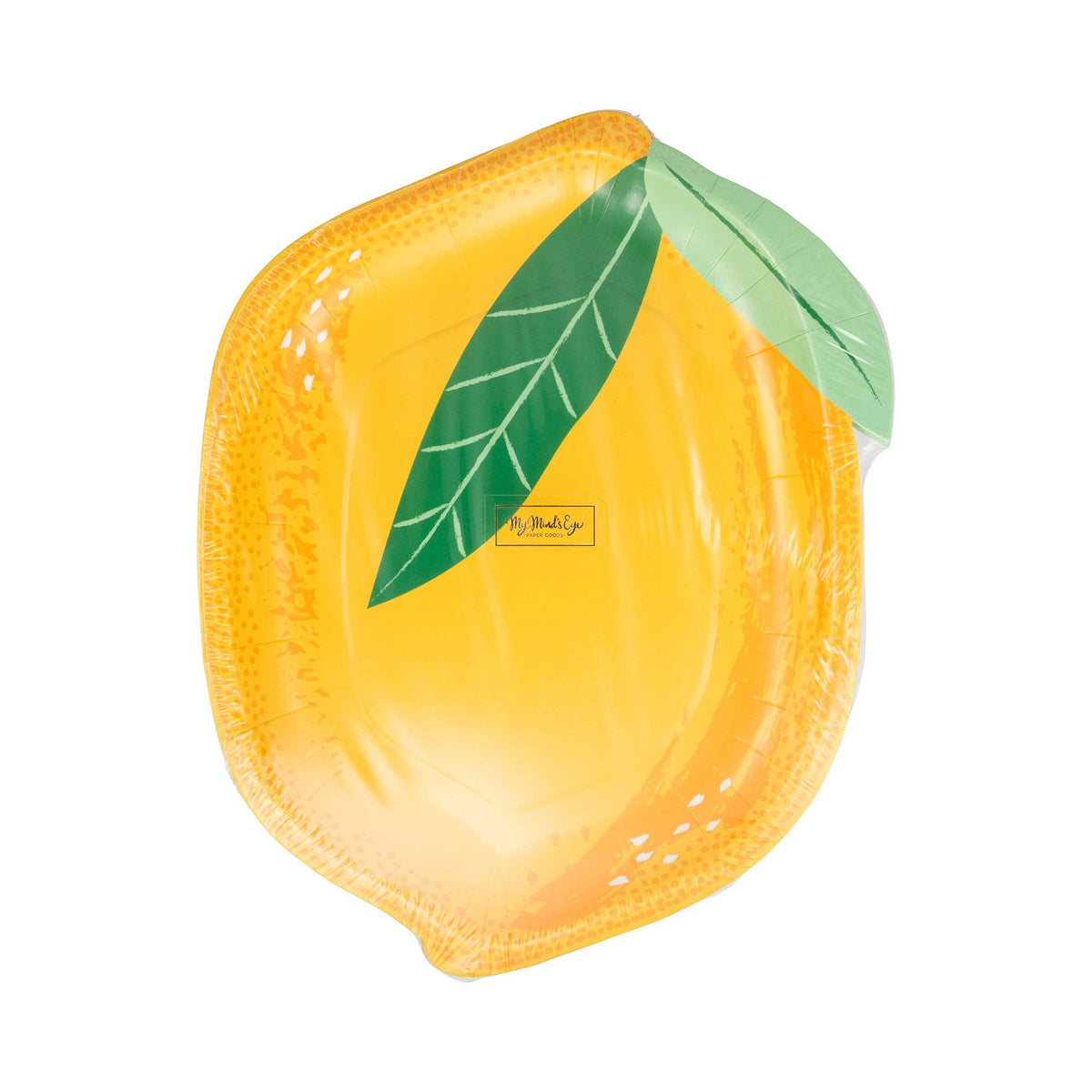 Packaged lemon shaped paper plates front view